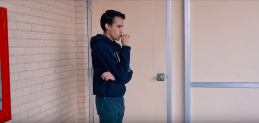 Junior Victor Meza pretends to vape as part of Smoking Obsession/Addiction Preventions short film.