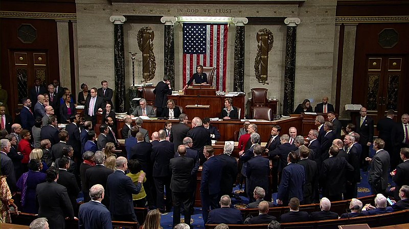 The House of Representatives meeting to discuss the implications of President Trumps actions then promptly voting for impeachment.