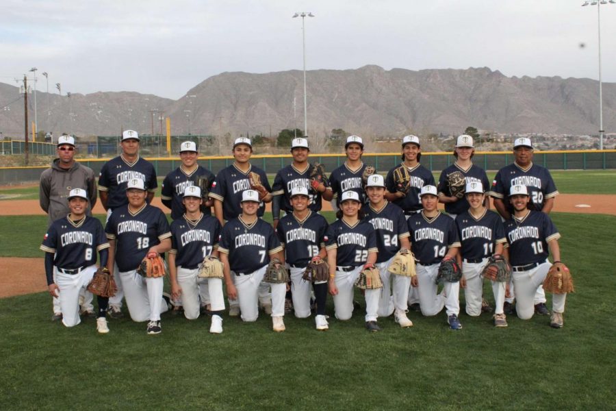 The 2020 Coronado Baseball team photo.
Back row: Coach Chris Locke, Coach Kevin Bang, Mark Munden, Lou Bolanos, Diego Terrazas, Diego Gandara, Will Gross, and Coach Juan Orozco
Front Row: Daniel Lucero, Lorenzo Romero, Reed Medlock, Ryan Fennell, Jorge Cuevas, Max Marquez, Paul Coppinger, Nate Seward, Taylor Codina, and Aldo Arriola