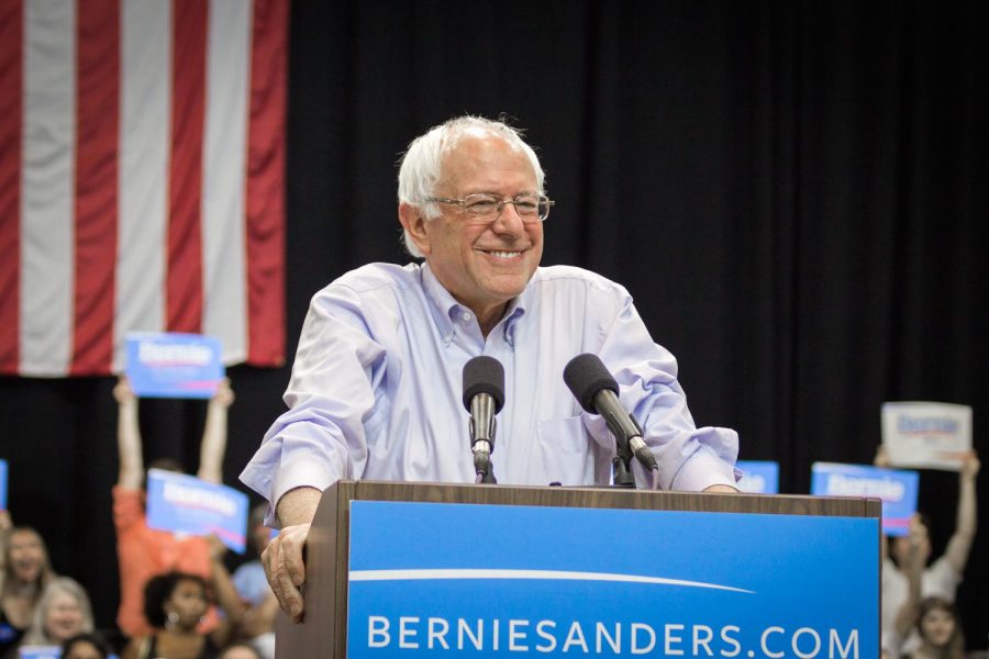 Democratic presidential candidate, Bernie Sanders, is speaking to his supporters at one of his many rallies.