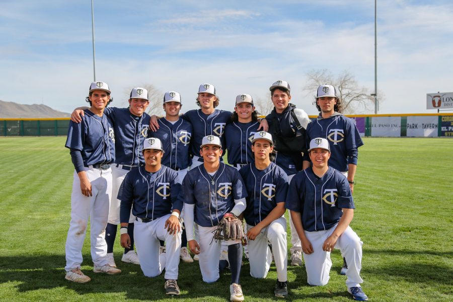 The 2020 senior baseball players pose after a game earlier this season.